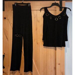 Women Size S Slinky Black 2 Pc Set Sexy Pant Top Tortoise Shell Accent Yon? Mon?